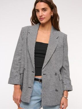 Abercrombie & Fitch NWT Double Breasted Linen Blend Slouchy Blazer Gingham L
